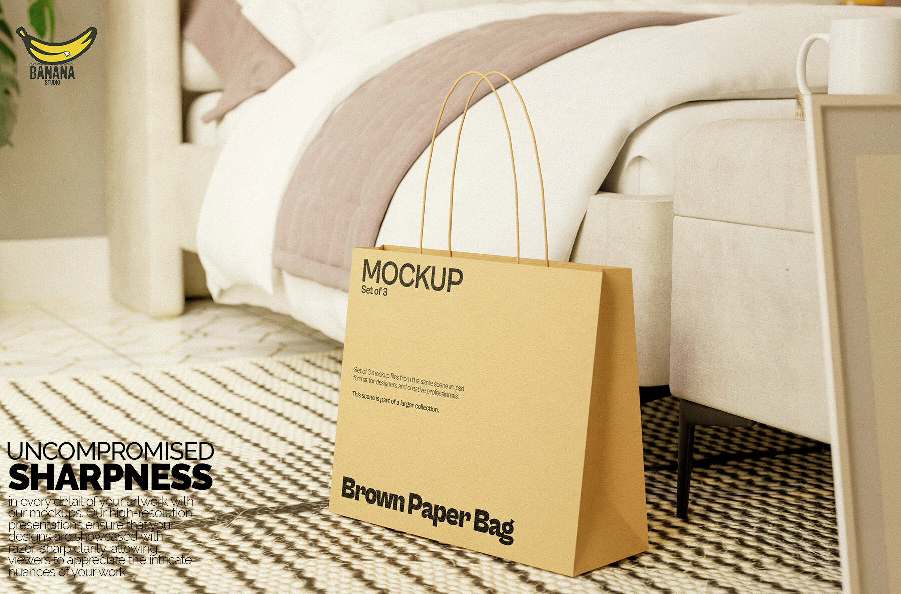 Brown Paper Bag Mockup Bundle Set on the floor of a Bedroom 3