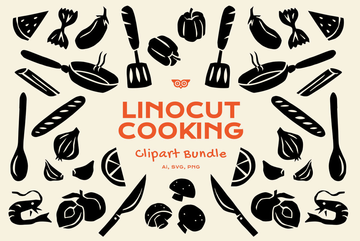 Linocut Cooking clipart bundle 1