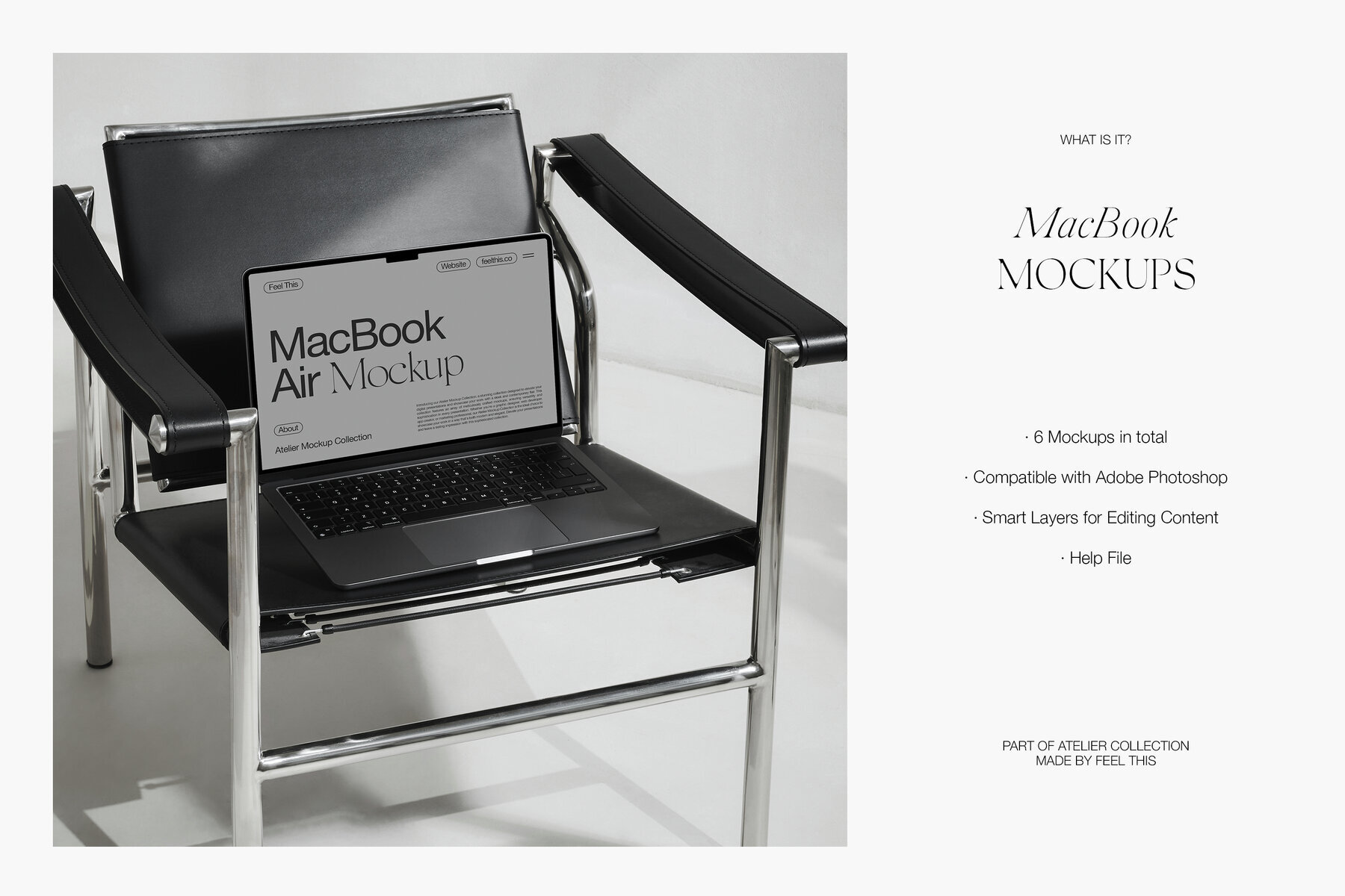 MacBook Air on Black Chair Mockups for Photoshop PSD 2
