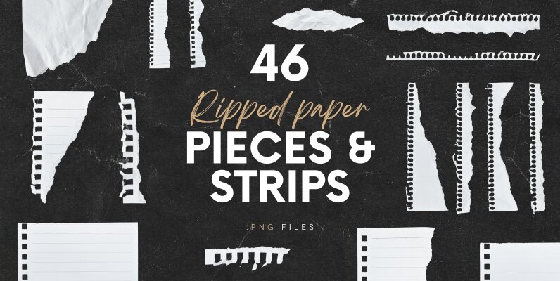 46 White Textured Ripped Paper Pieces and Strips