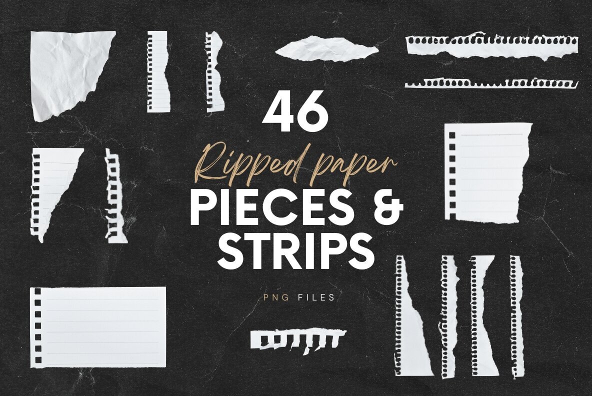 46 White Textured Ripped Paper Pieces and Strips 1