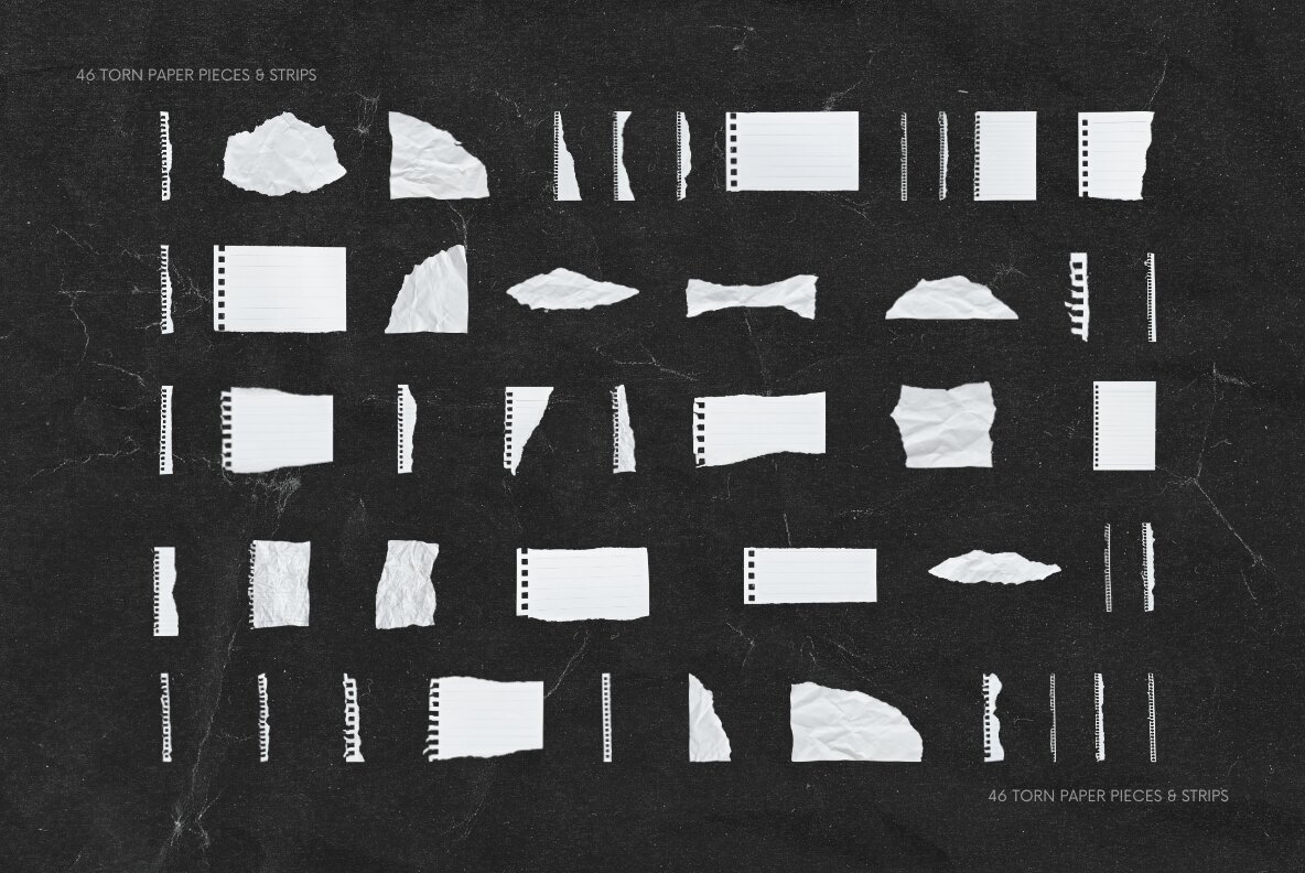 46 White Textured Ripped Paper Pieces and Strips 2