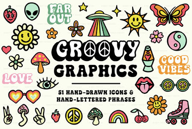 Psychedelic Retro Hippie Icons and Lettering