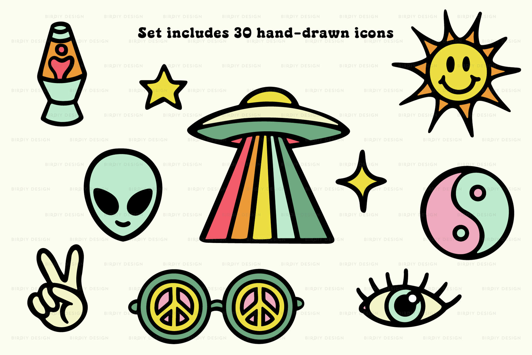 Psychedelic Retro Hippie Icons and Lettering 2