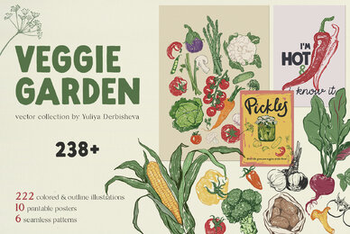 Veggie Garden Vegetables Vector Illustrations Posters Pattern