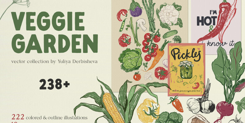 Veggie Garden Vegetables Vector Illustrations Posters Pattern