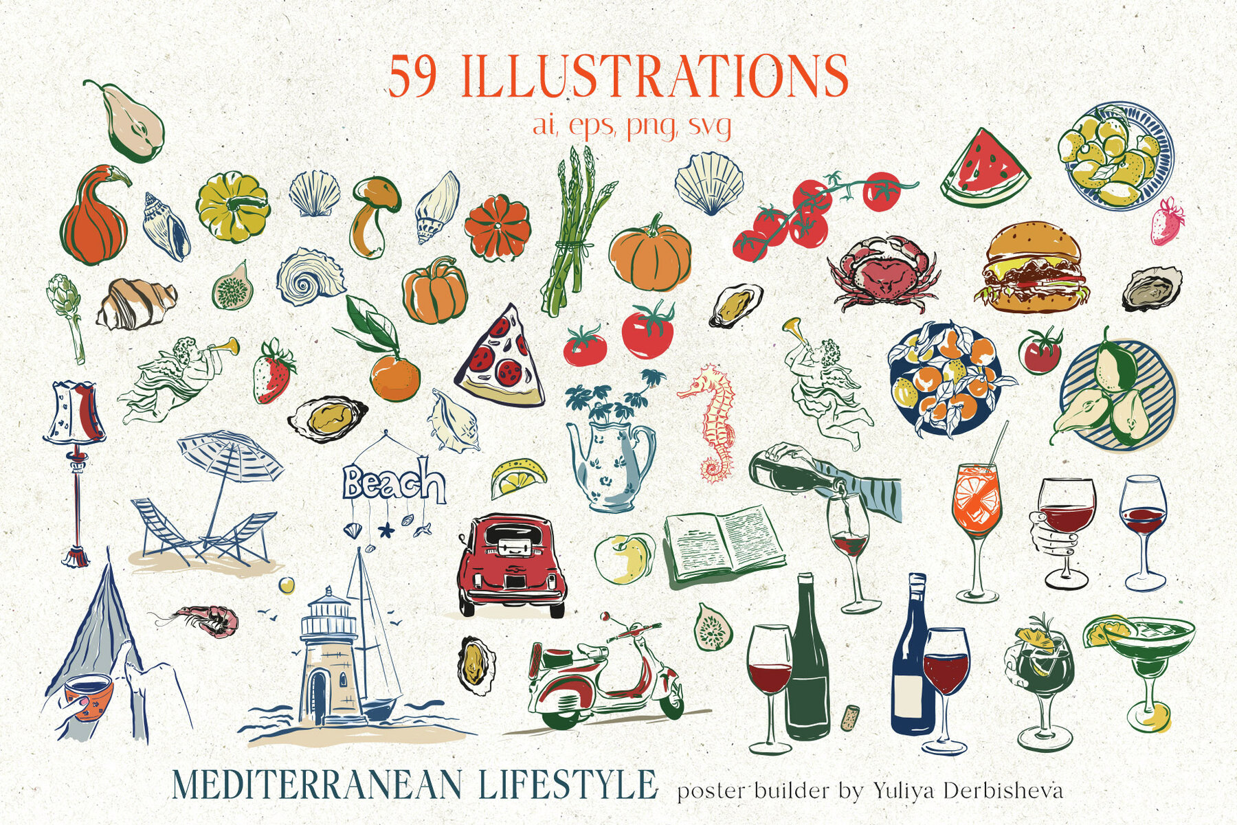 Mediterranean Lifestyle Poster Print Food Drinks Beach 6