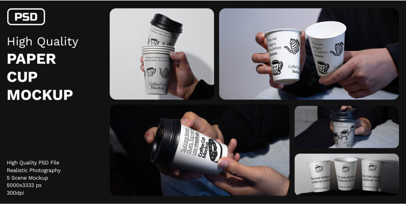 5 Realistic Scene Paper Cup Mockup