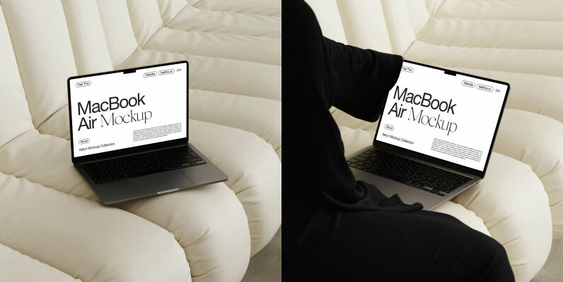 MacBook in Woman Hands Mockups for Photoshop PSD
