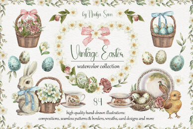 Vintage Easter Hand Drawn Watercolor Collection