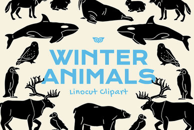 Winter Animals Linocut Clipart