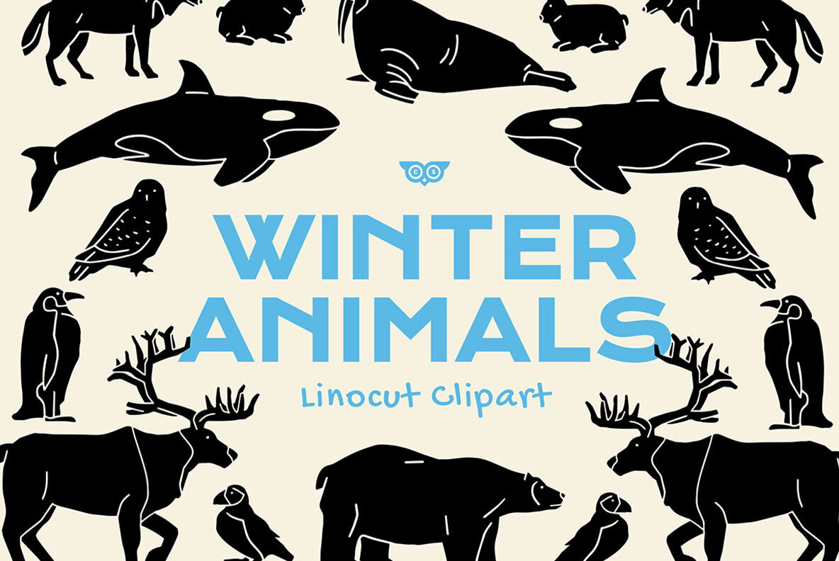 Winter Animals Linocut Clipart 1