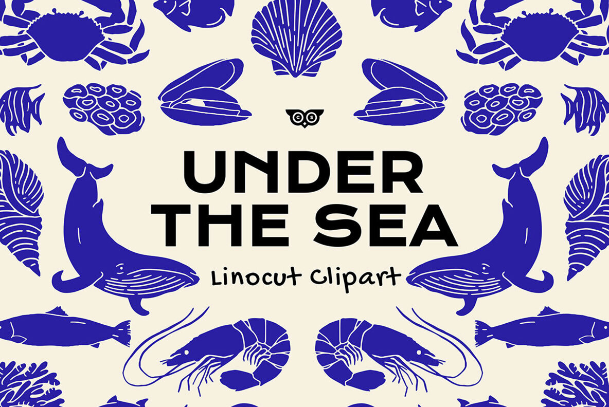 Under the Sea Linocut Clipart 1