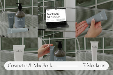 MacBook Cosmetic Bottle and Hand Cream Tube Mockups
