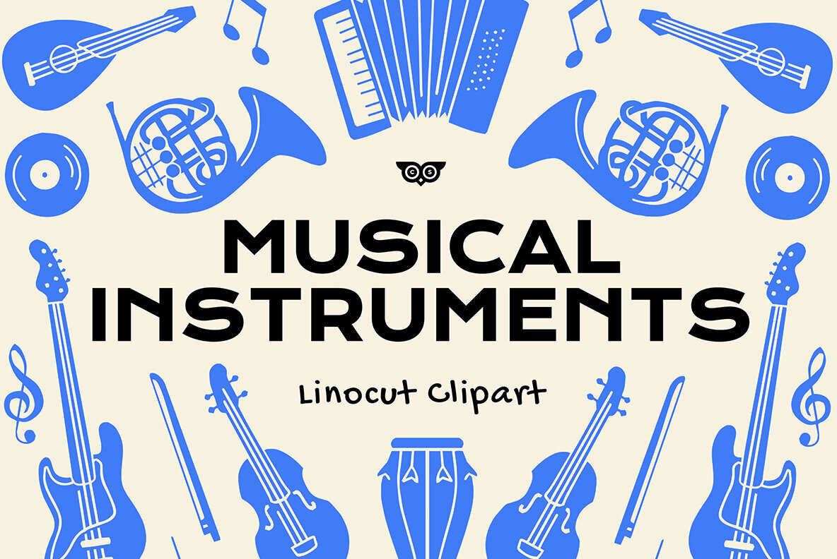 Musical Instruments Linocut Clipart 1