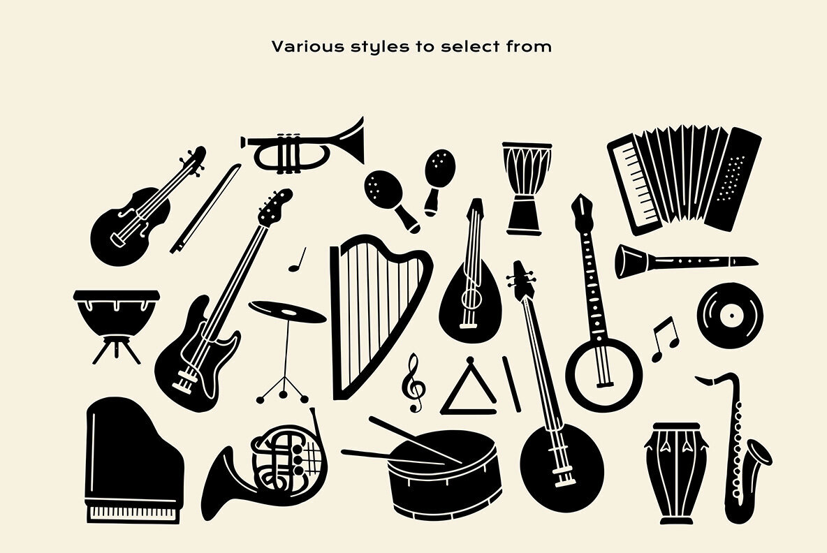 Musical Instruments Linocut Clipart 3
