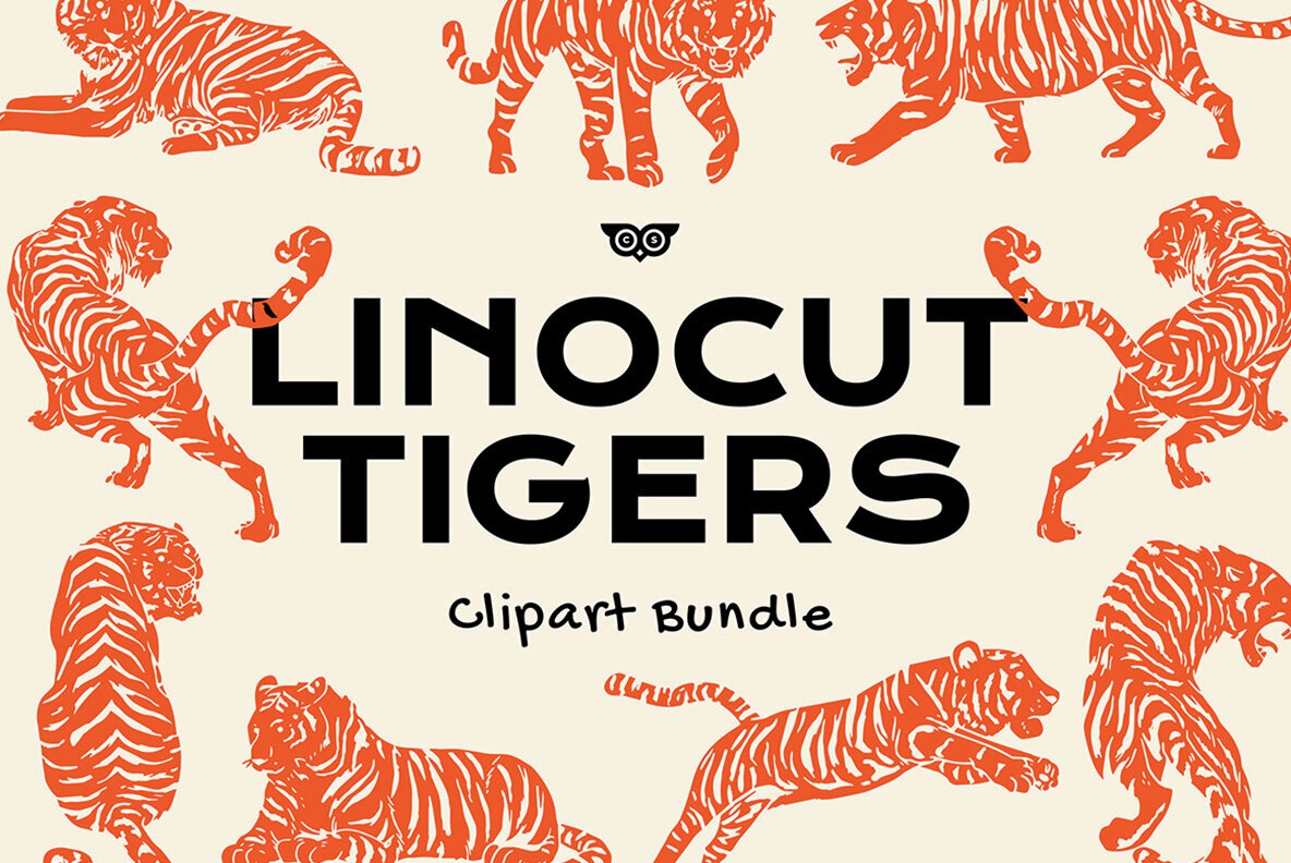 Linocut Tigers Clipart Bundle 1