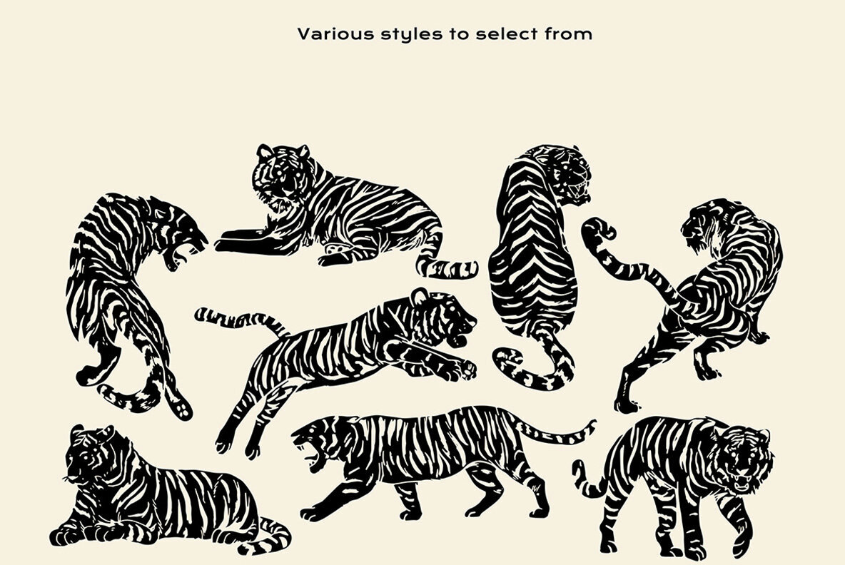 Linocut Tigers Clipart Bundle 3