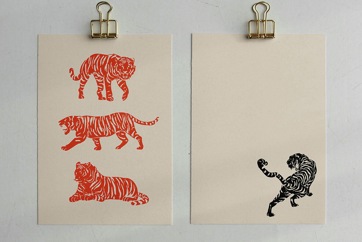 Linocut Tigers Clipart Bundle 4