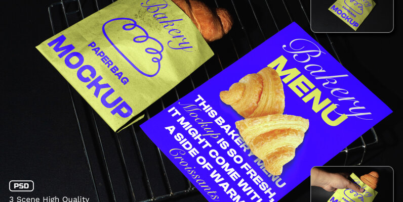 3 Scene Realistic Bakery Bag Mockup