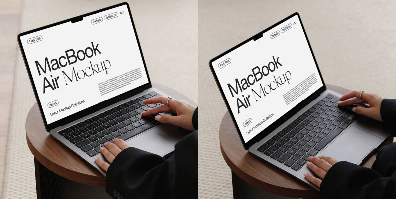 Realistic MacBook with Woman Hands Mockups