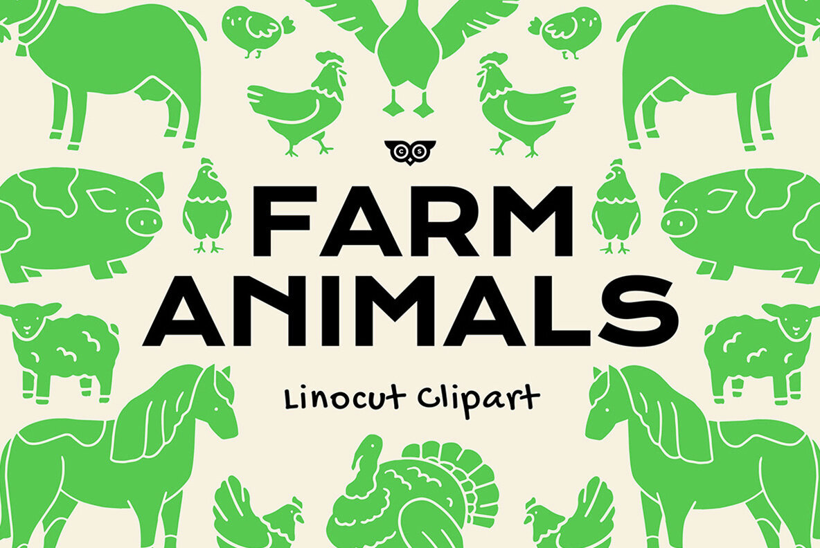 Farm Animals Linocut Clipart 1