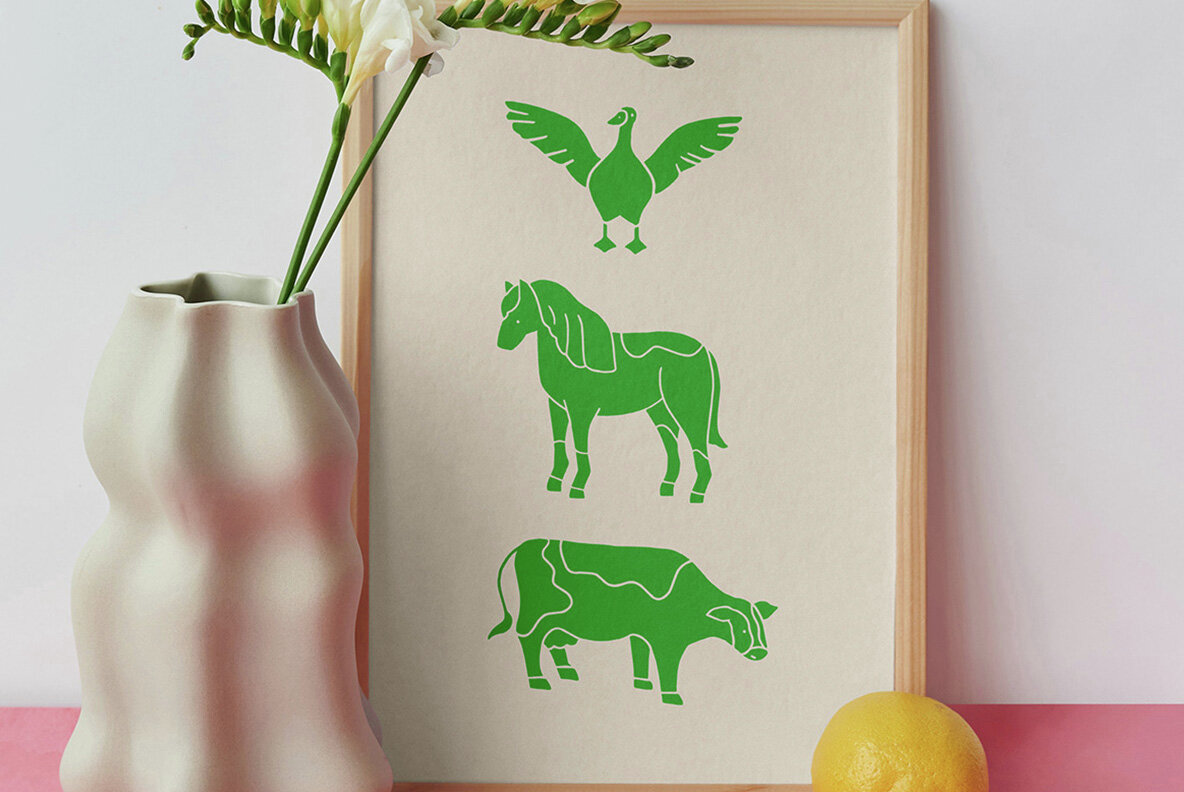 Farm Animals Linocut Clipart 6