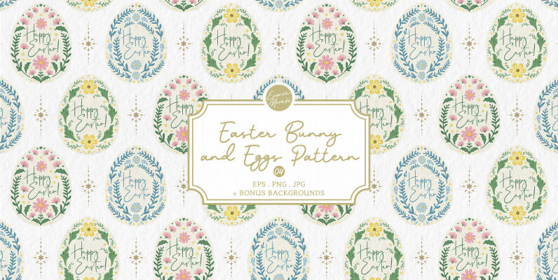 Easter Bunny Eggs Pattern 3 Folk art