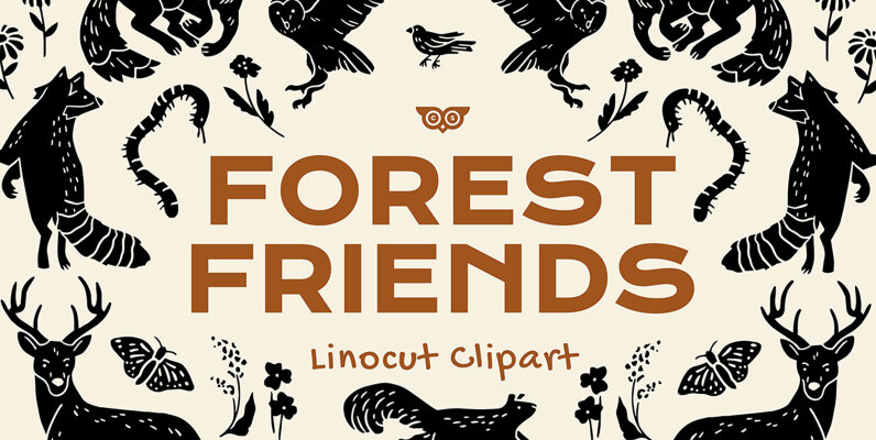 Forest Friends Linocut Clipart