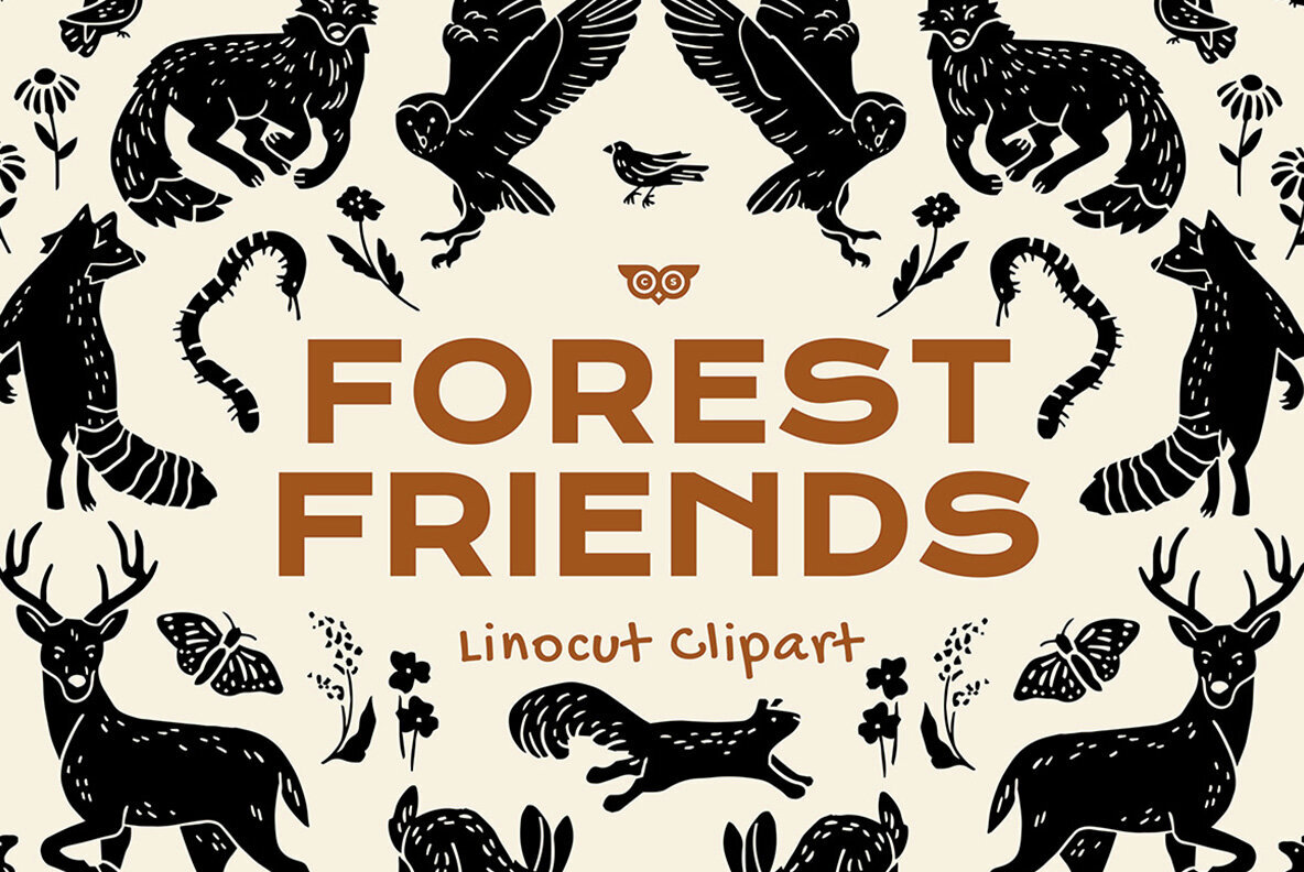 Forest Friends Linocut Clipart 1