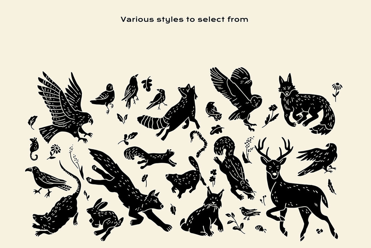 Forest Friends Linocut Clipart 3