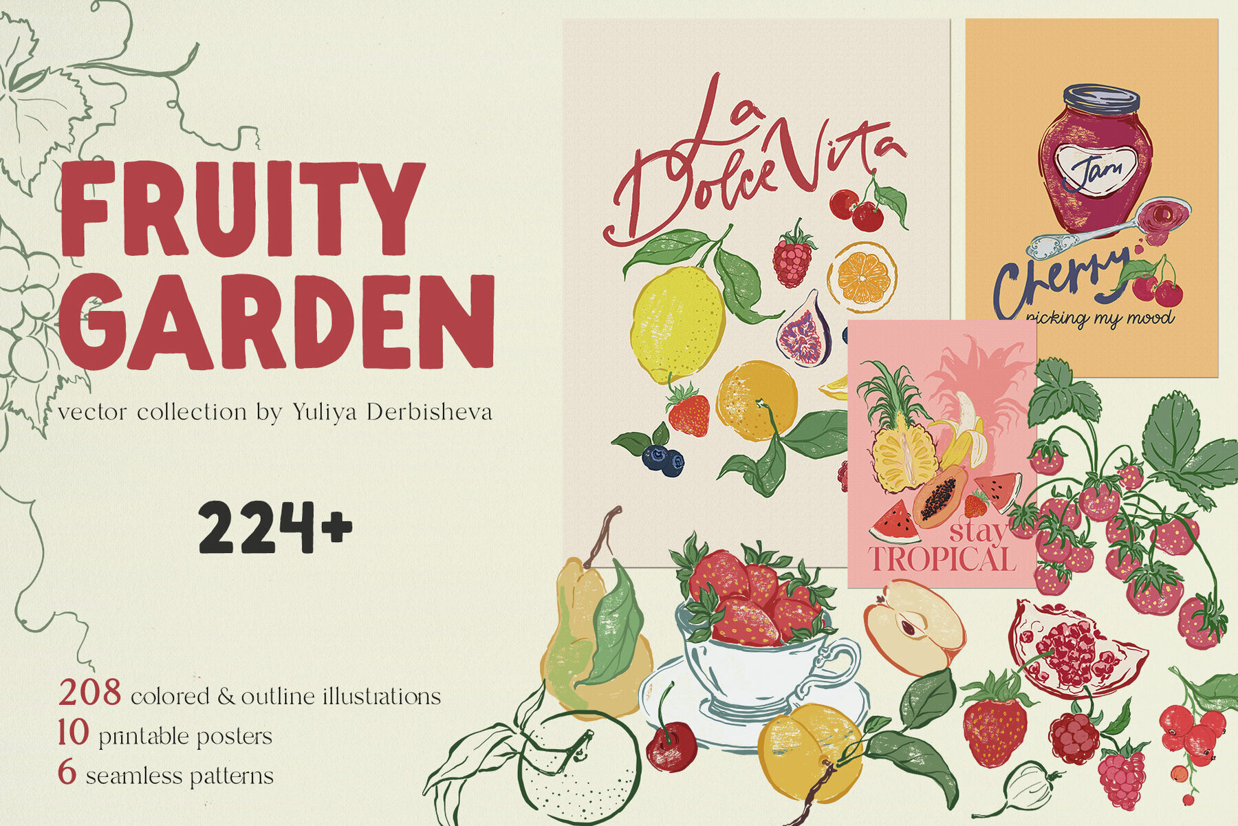 Fruity garden a hand drawn vector fruits and berries 1