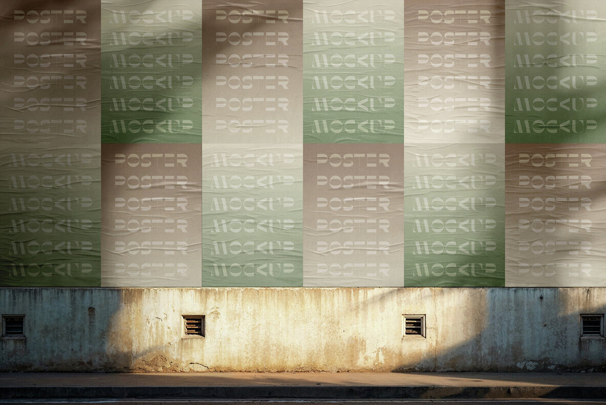Outdoor Glued Posters Mockup with Shadow Overlay 2