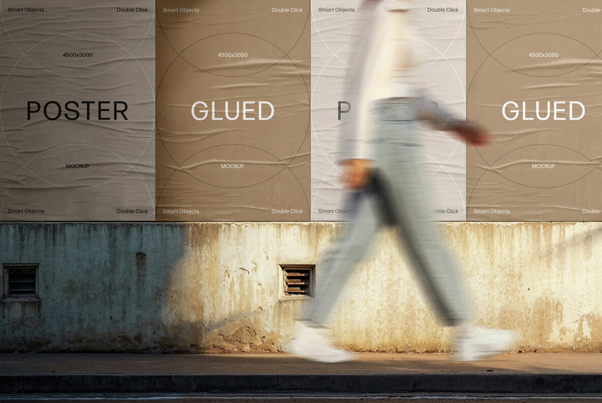 Outdoor Glued Posters Mockup with Shadow Overlay 3