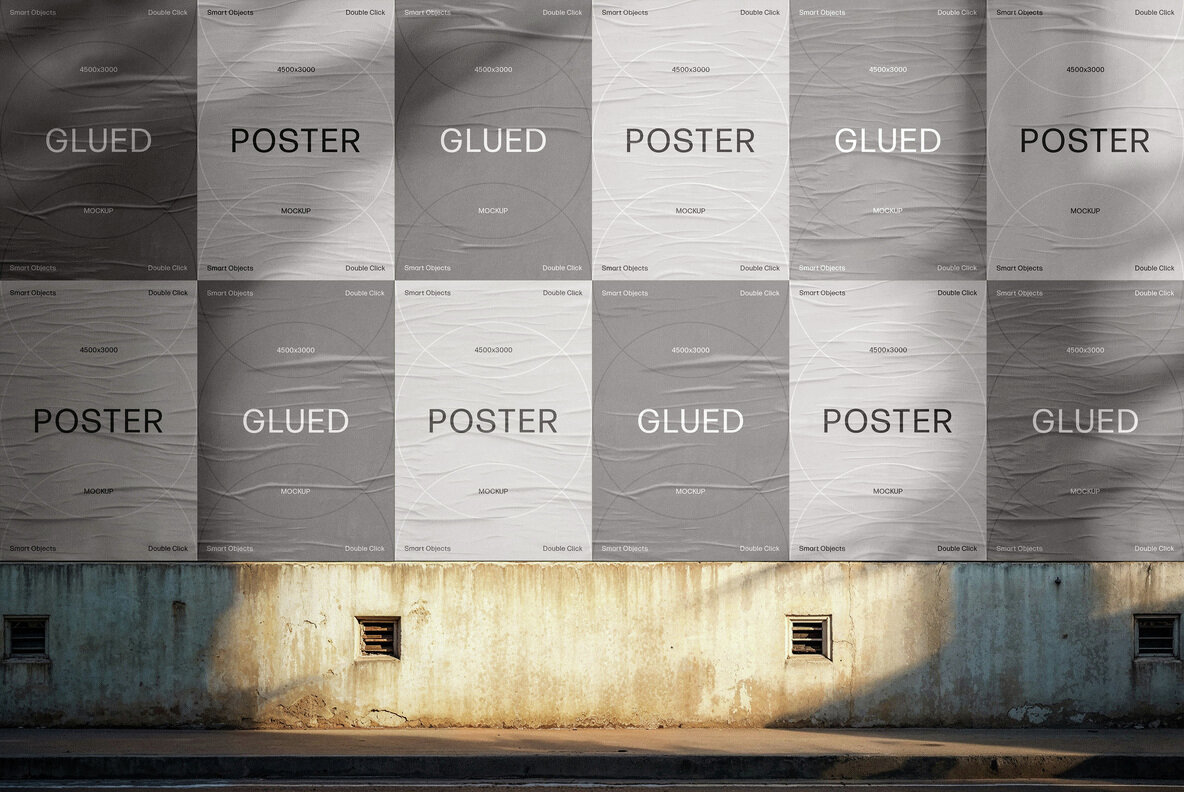 Outdoor Glued Posters Mockup with Shadow Overlay 4