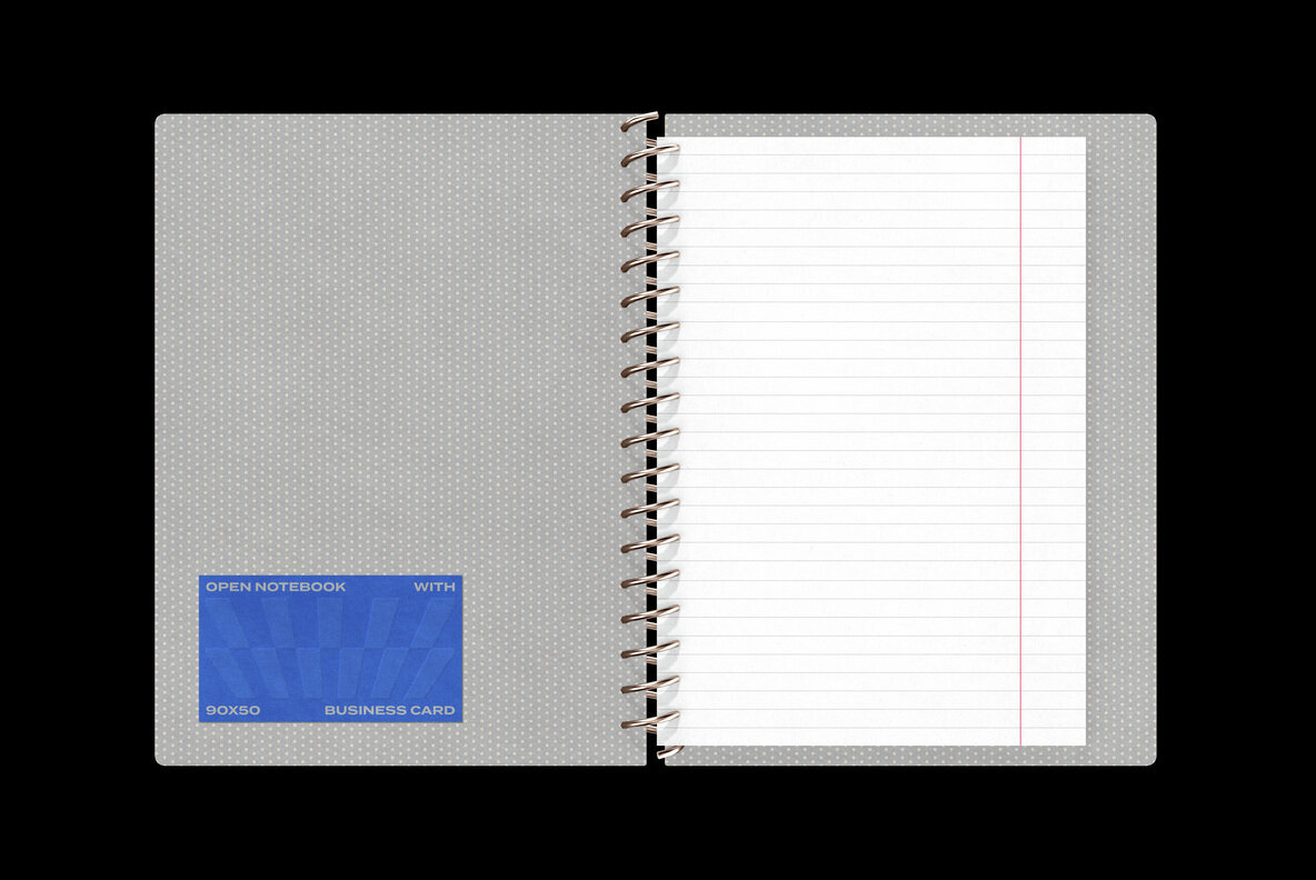 Open Notebook and 90x50 Business Card Mockup 1