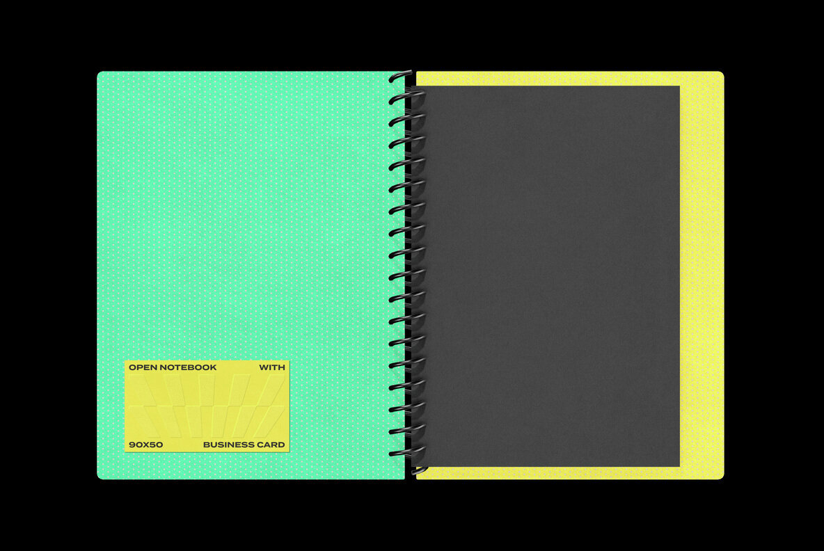 Open Notebook and 90x50 Business Card Mockup 3