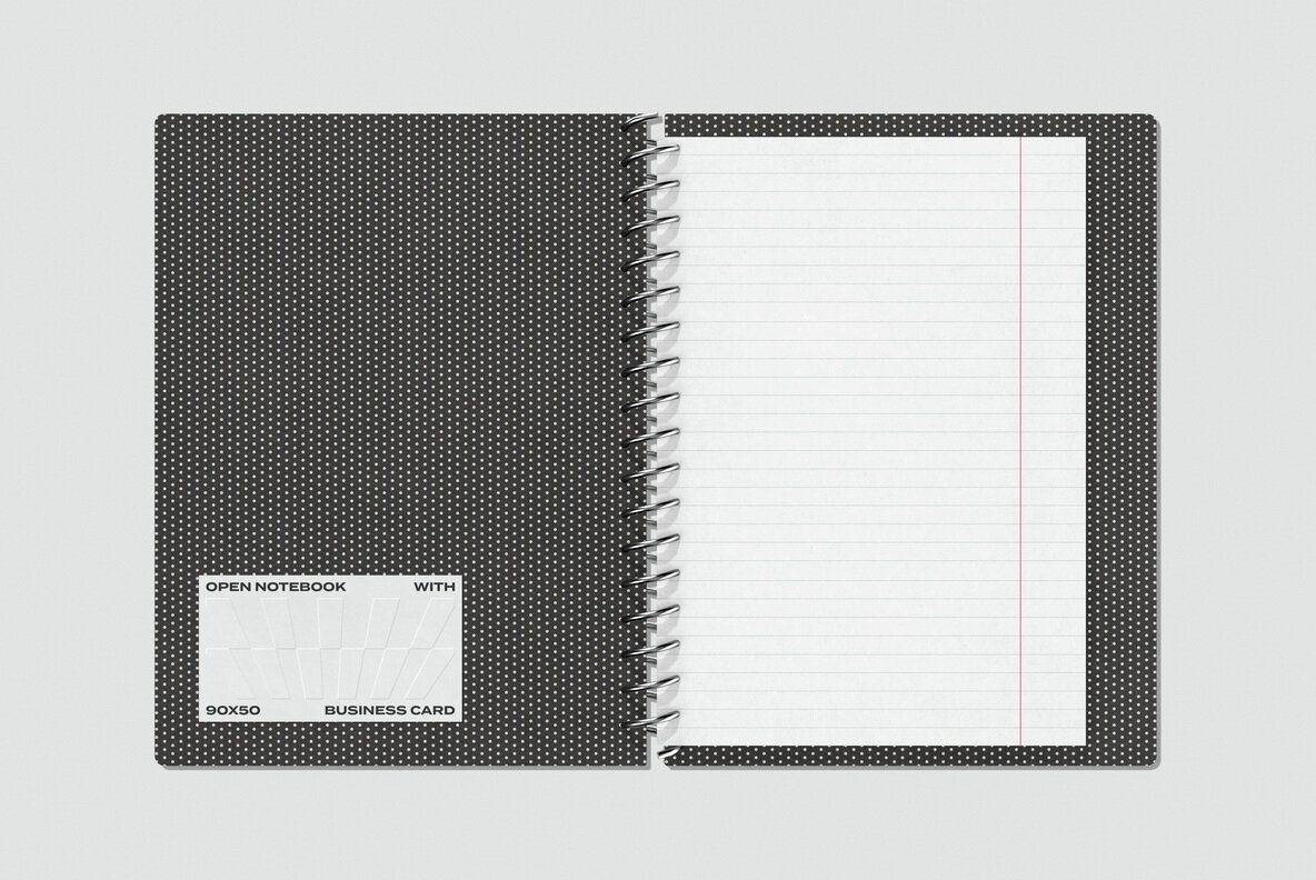 Open Notebook and 90x50 Business Card Mockup 4