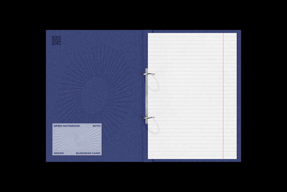 Open Notebook and 85x55 Business Card Mockup 1