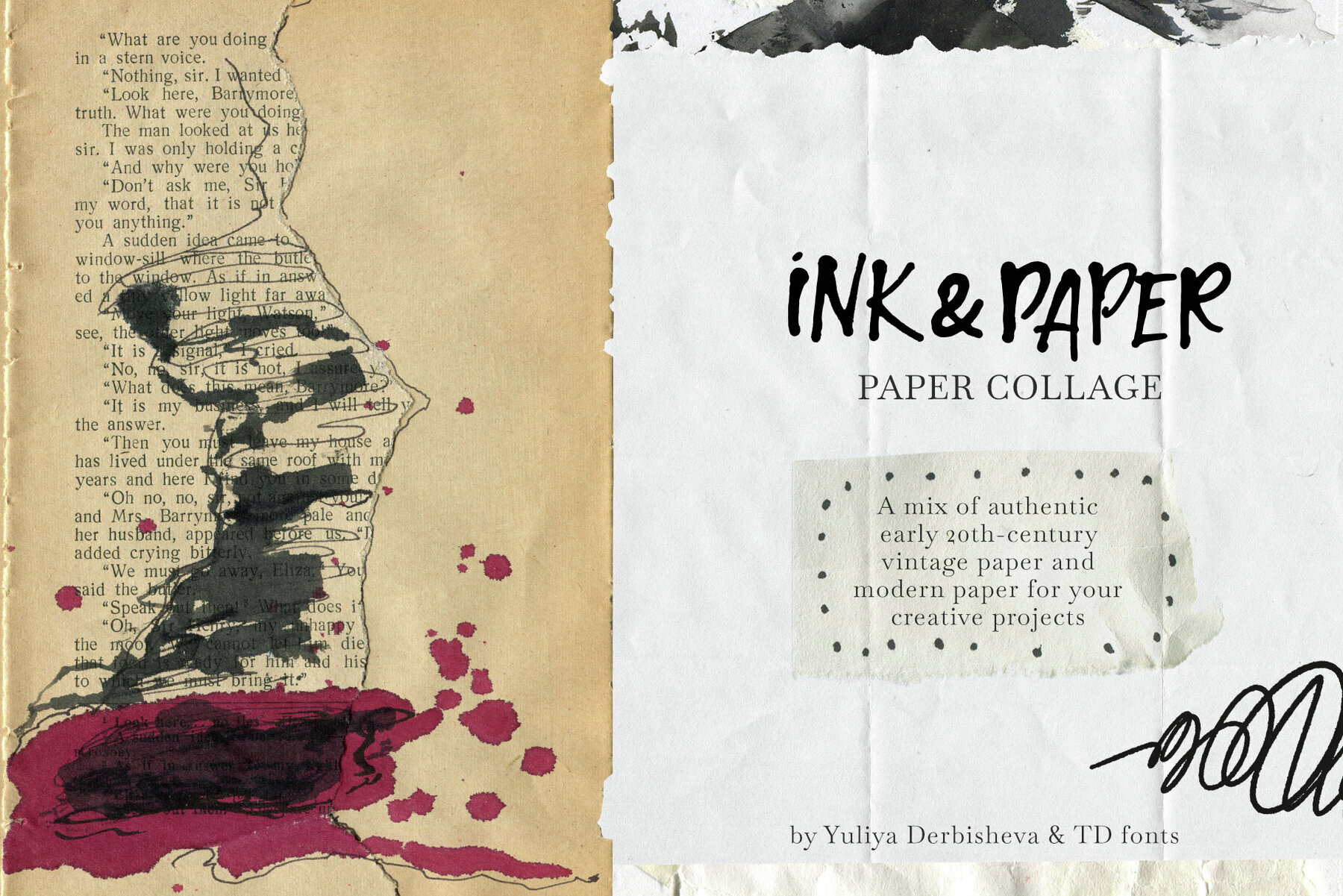 Ink Paper collage Modern Vintage elements Torn Cutout pieces 2