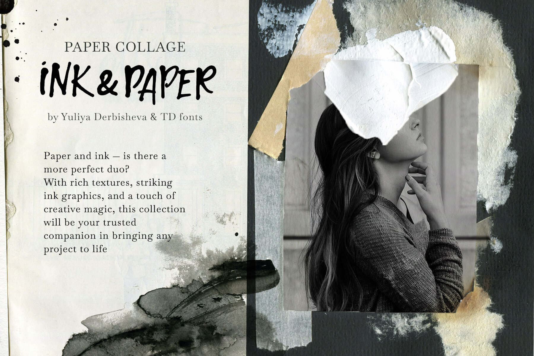 Ink Paper collage Modern Vintage elements Torn Cutout pieces 3