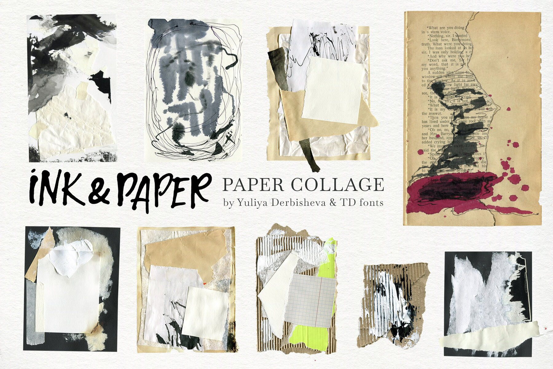 Ink Paper collage Modern Vintage elements Torn Cutout pieces 4