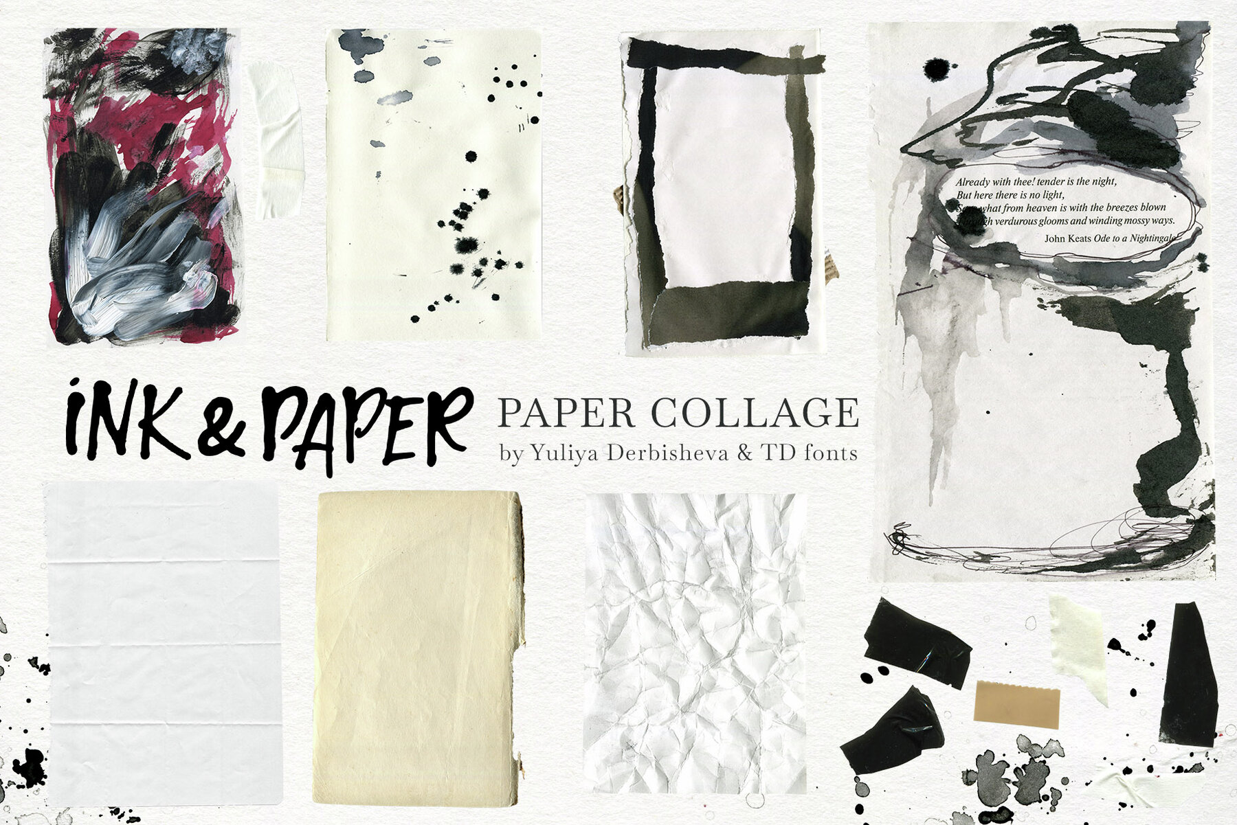 Ink Paper collage Modern Vintage elements Torn Cutout pieces 5