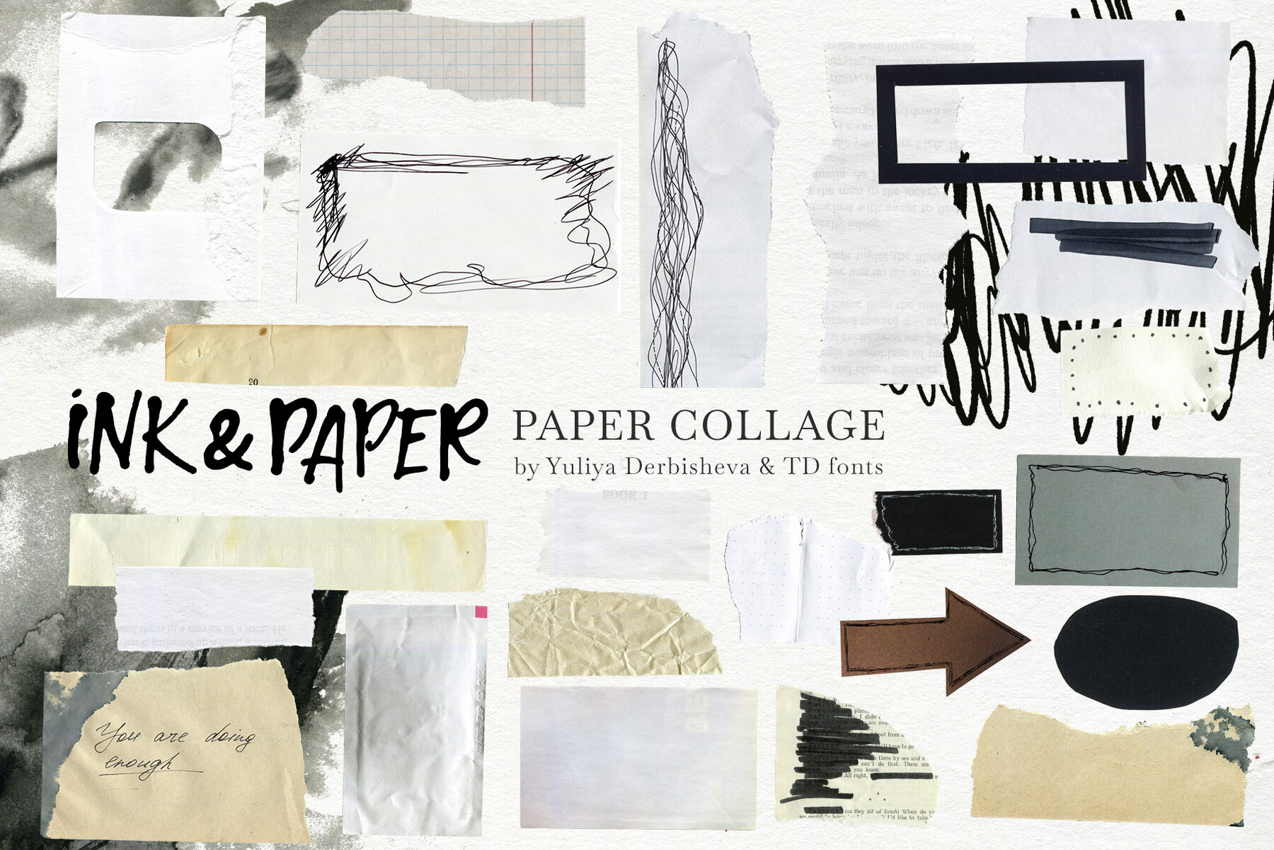 Ink Paper collage Modern Vintage elements Torn Cutout pieces 8