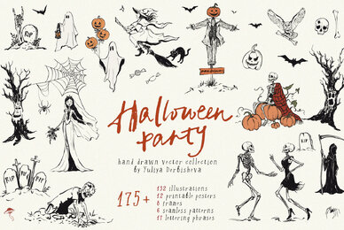 Halloween Party Vintage Vector Illustrations Hand Drawn Clipart