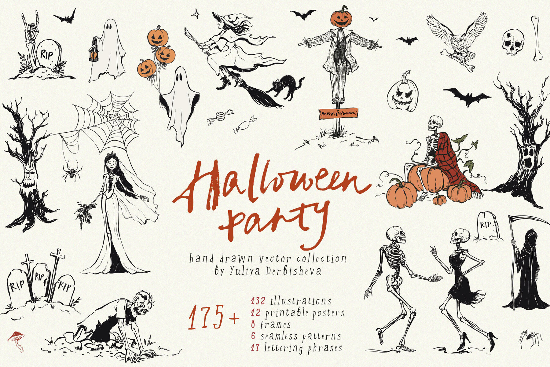 Halloween Party Vintage Vector Illustrations Hand Drawn Clipart 1