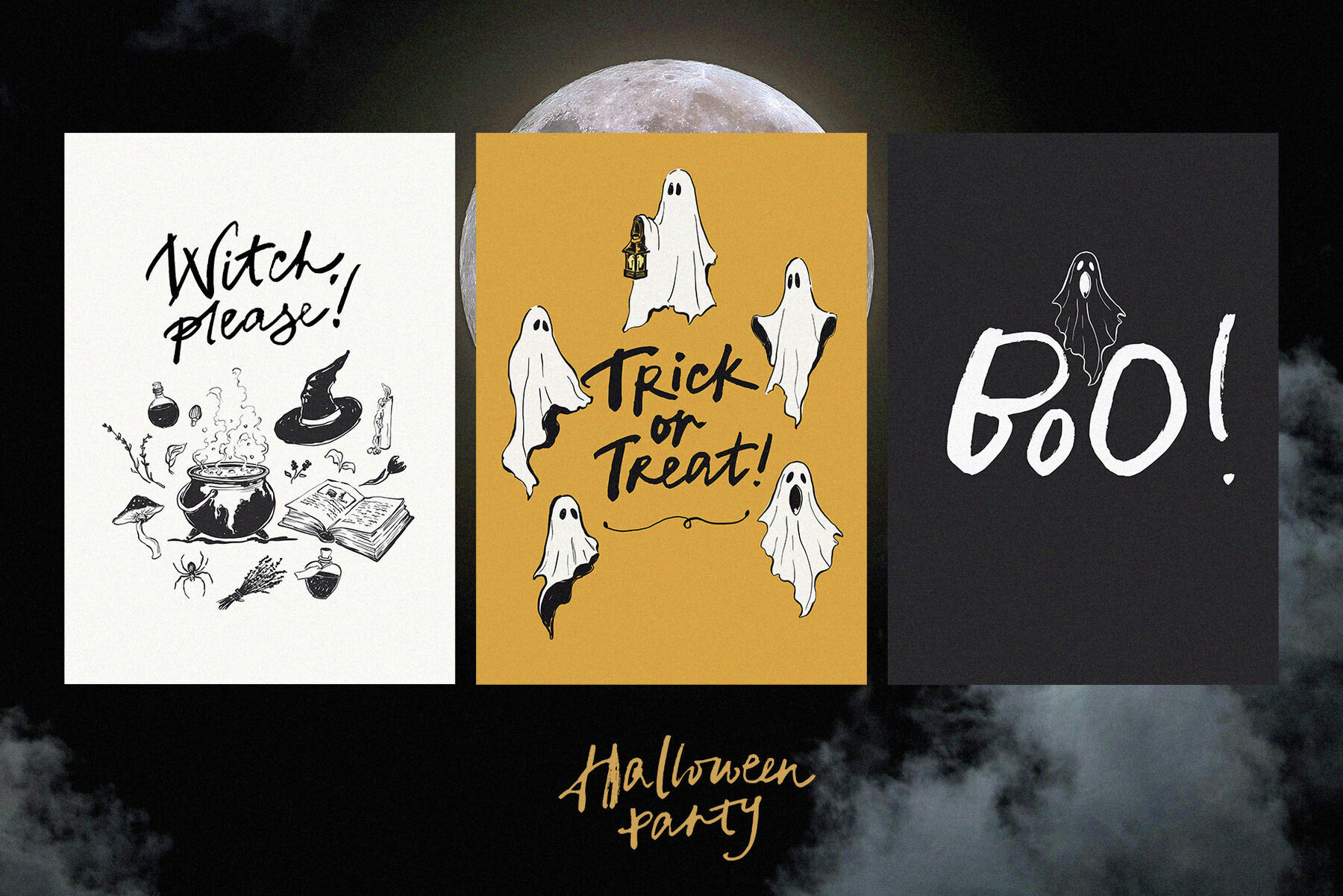 Halloween Party Vintage Vector Illustrations Hand Drawn Clipart 2