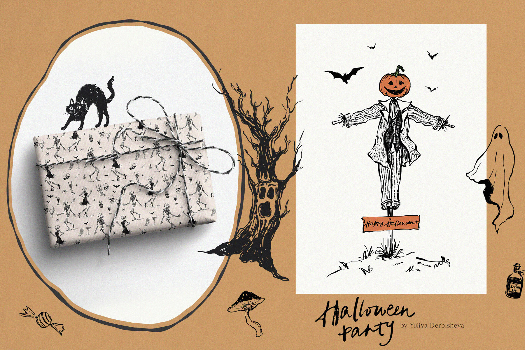 Halloween Party Vintage Vector Illustrations Hand Drawn Clipart 4