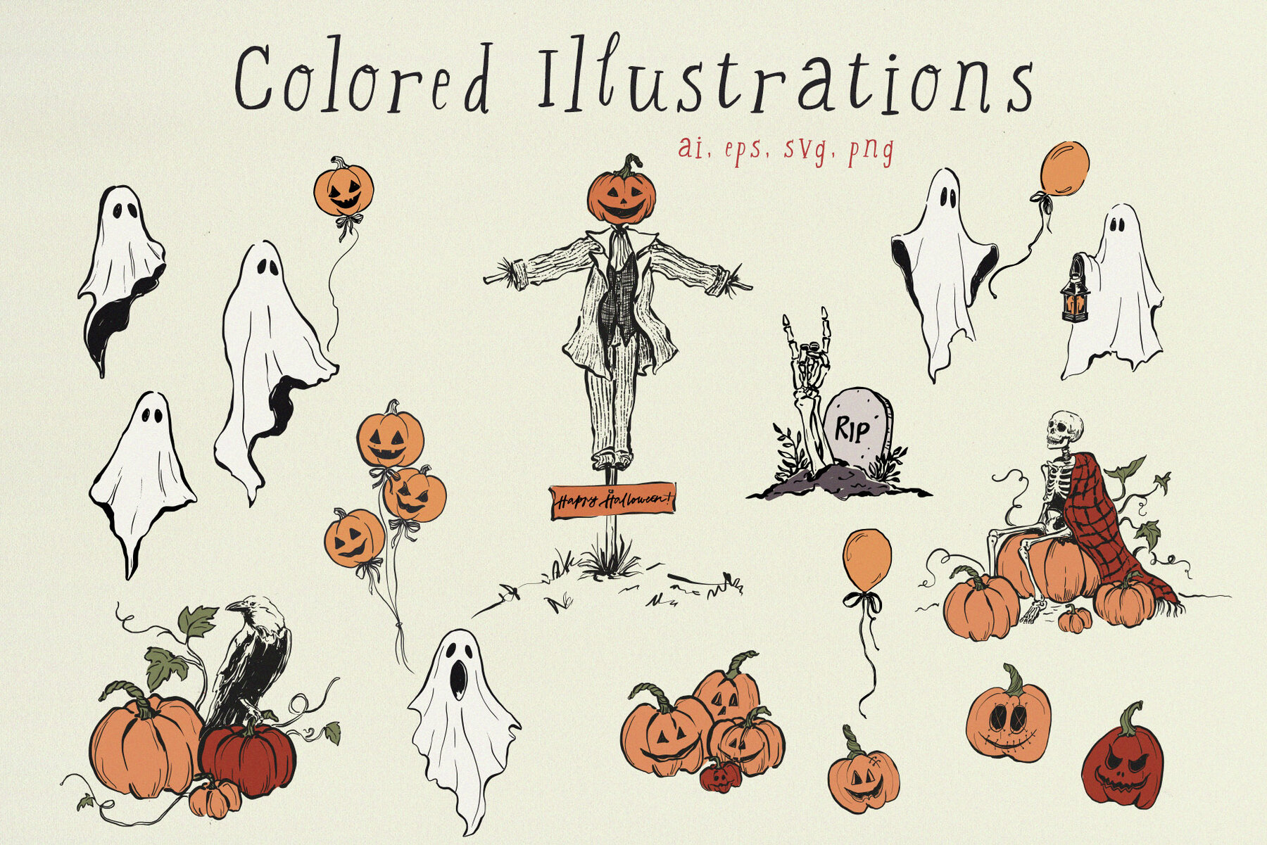 Halloween Party Vintage Vector Illustrations Hand Drawn Clipart 6