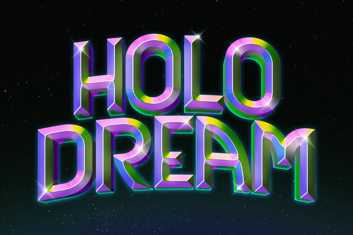 Holographic Chrome Text Effect Bundle     Futuristic Psd Pack 6